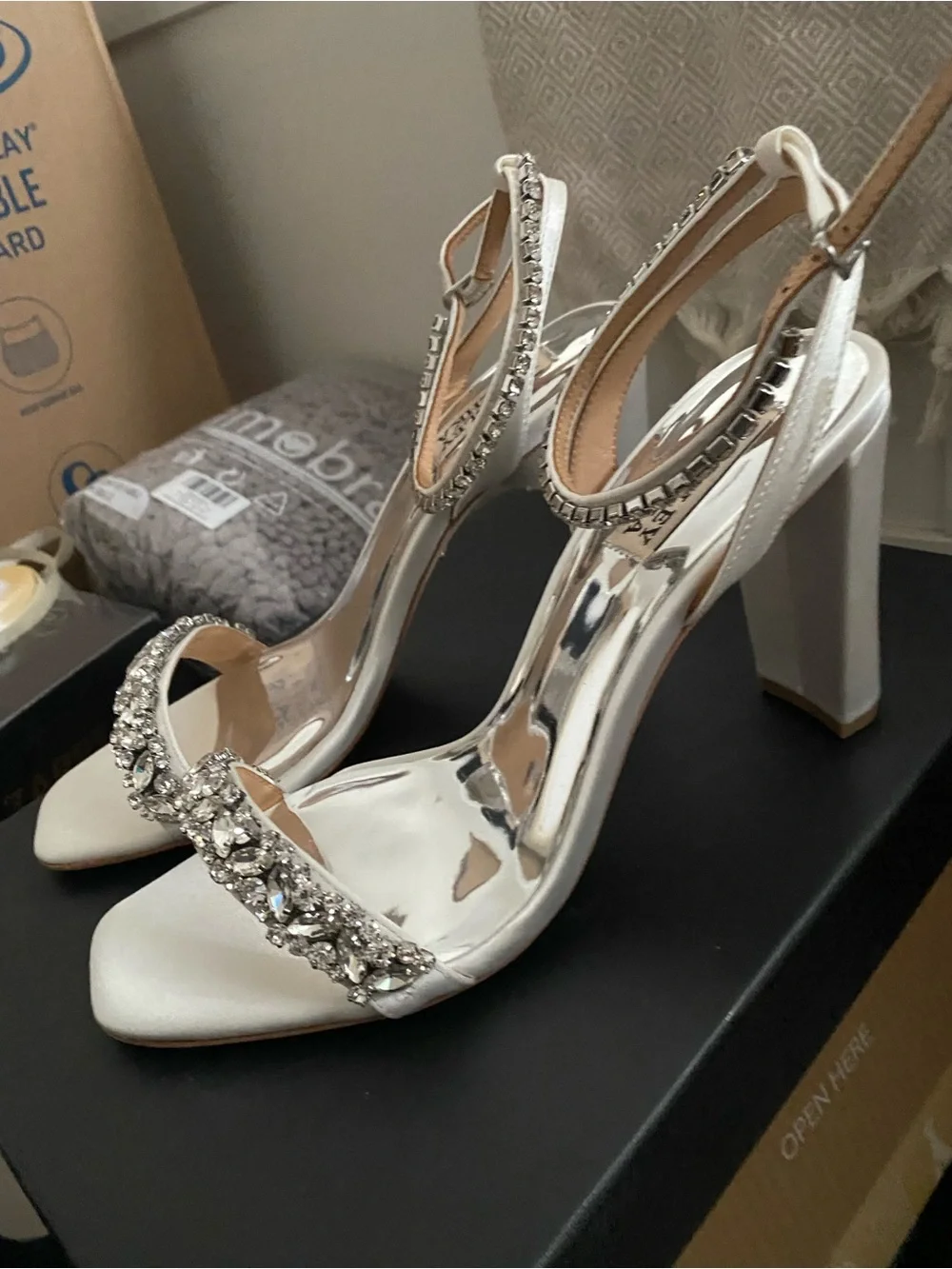 Badgley Mischka Silver and White Crystal Embellished Block Heel Sandals
